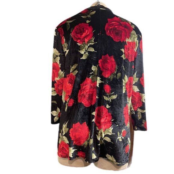 Slinky Brand Red Roses Velvet Open Front Cardigan Size XL - Picture 3 of 8